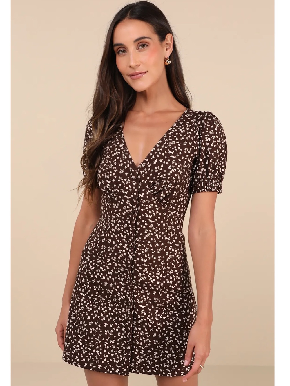 Lulus Adored Cutie Brown Floral Corduroy Button-Front Puff Sleeve Mini Dress